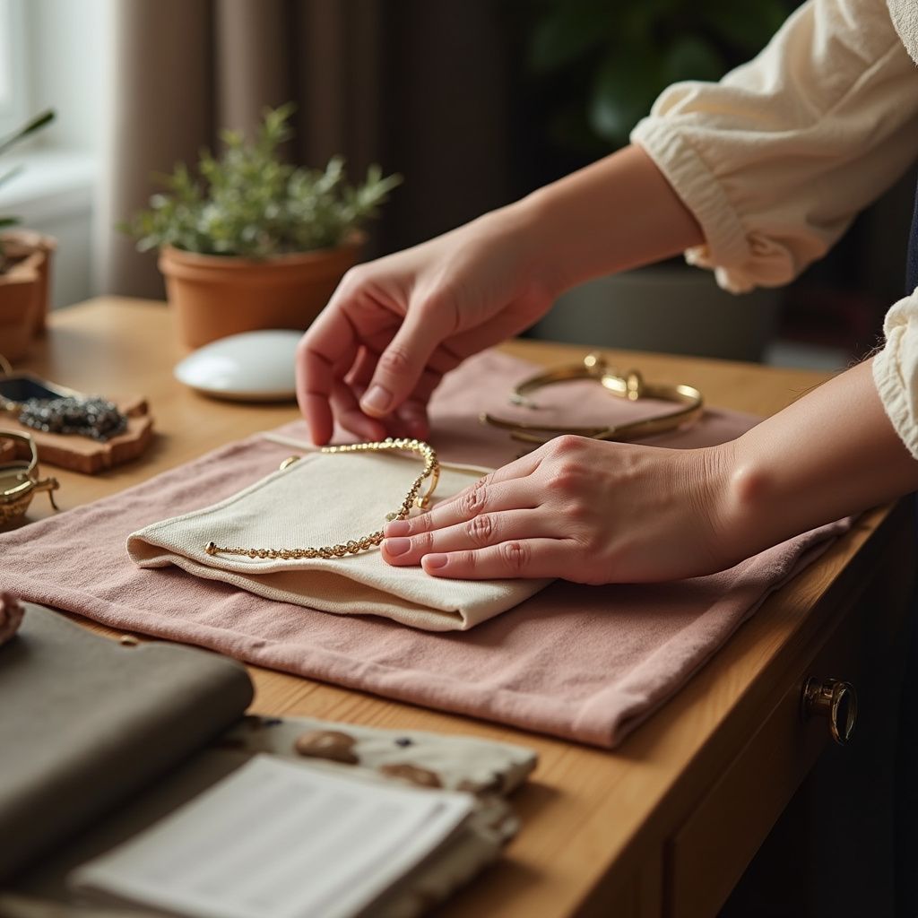 Hands arranging a gold beaded necklace in a soft pouch on a wooden table with other jewelry.