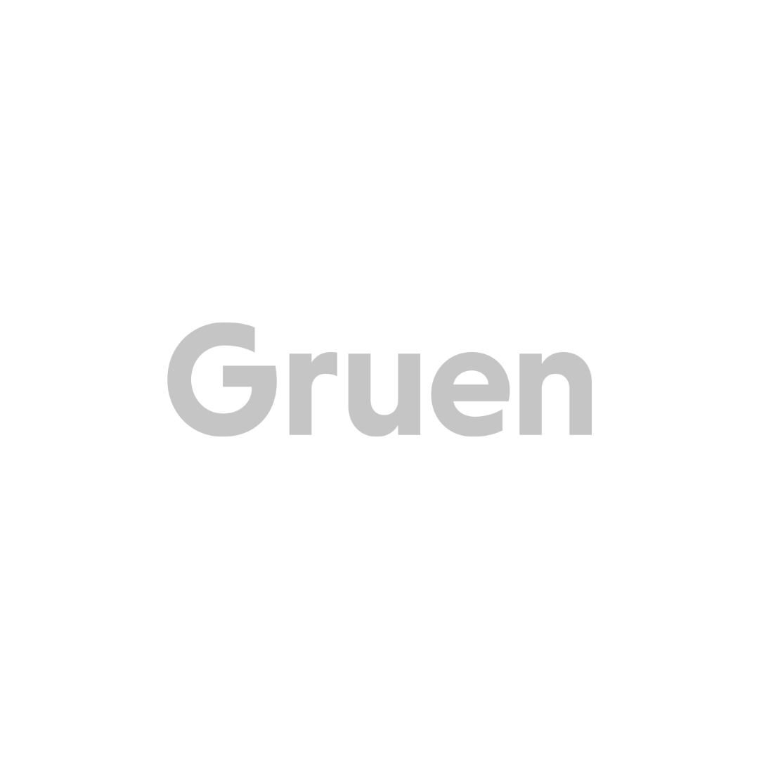Um logotipo cinza para gruen em um fundo branco.