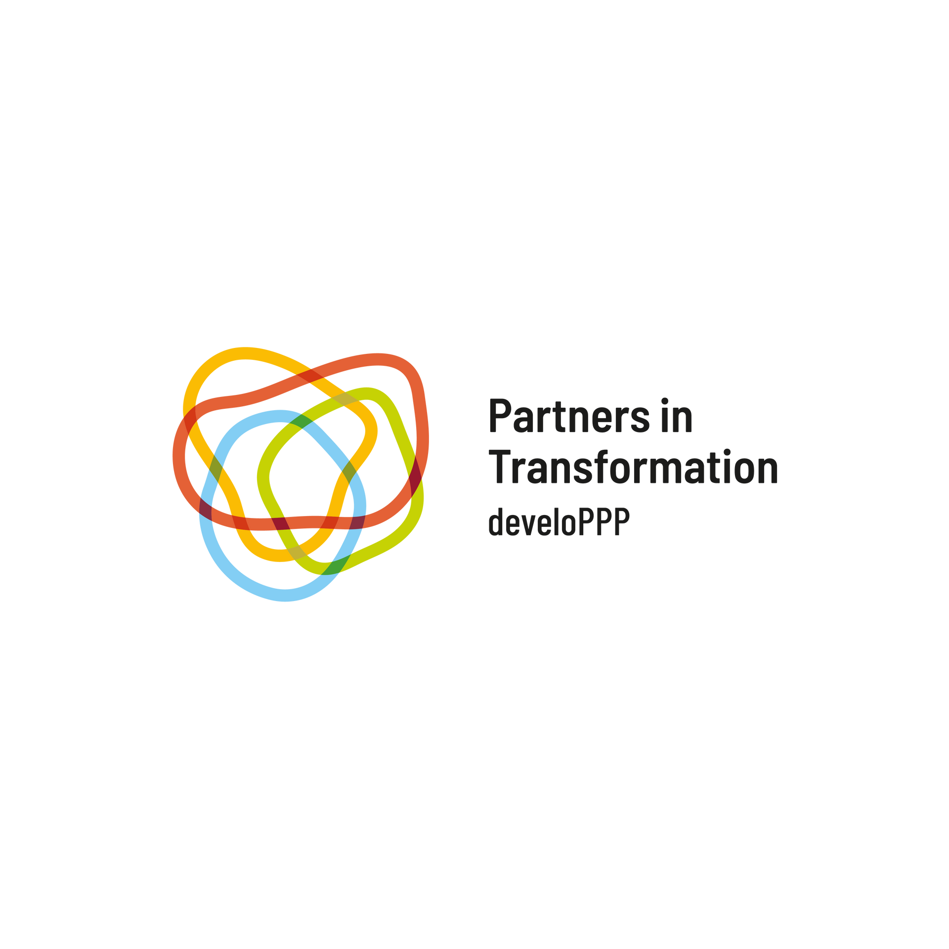 Um logotipo para parceiros em desenvolvimento de transformação com um círculo colorido em um fundo branco.