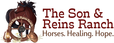 Logo for The Son & Reins Ranch with horse-and-rider emblem and tagline, “Horses. Healing. Hope.”
