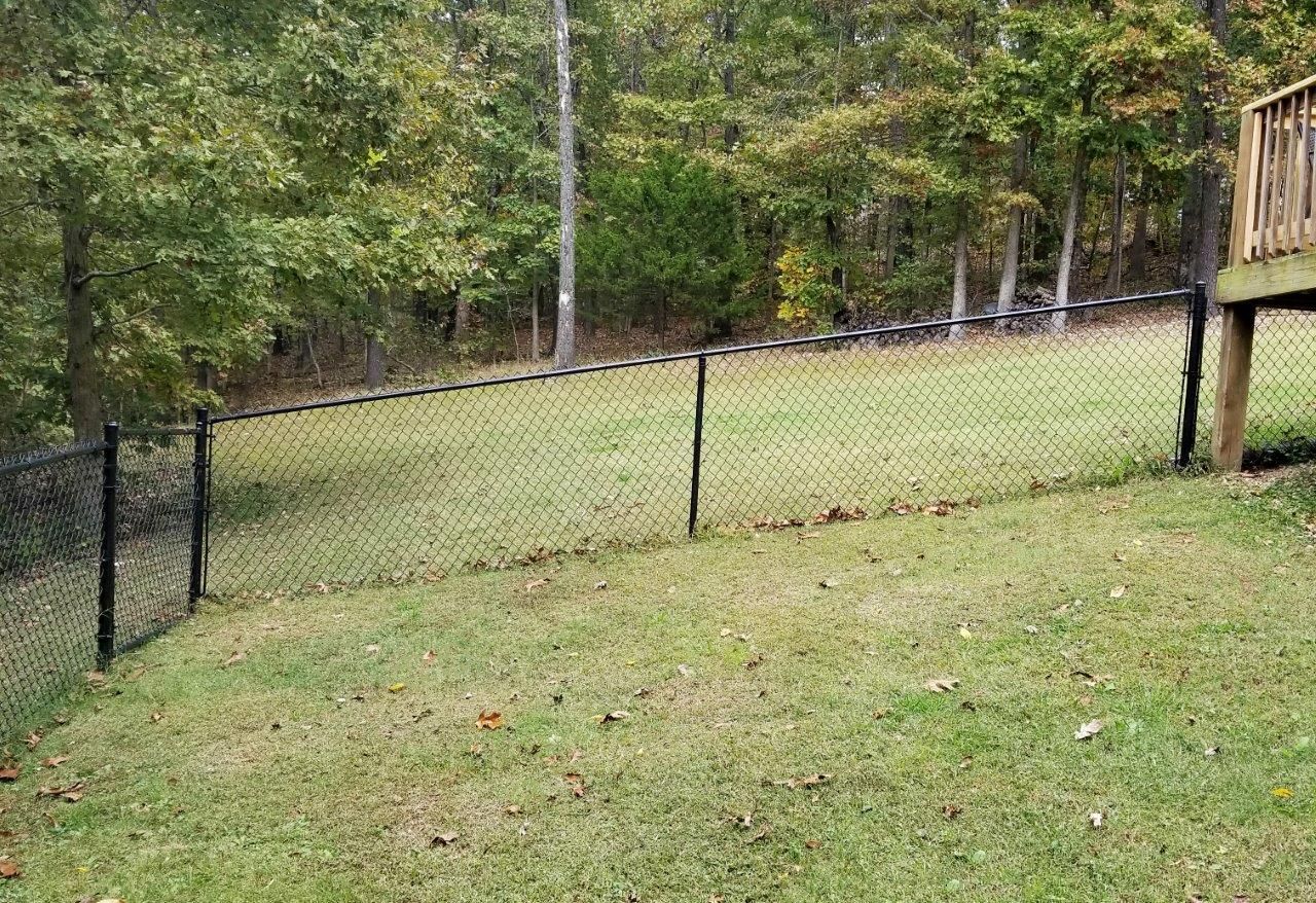 a chain link fence surrounds a lush green yard with trees in the background