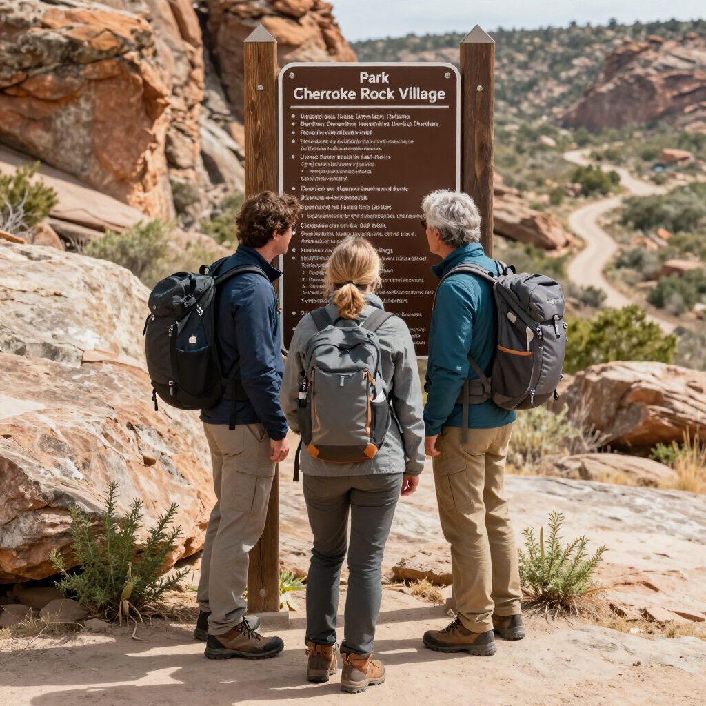 Three hikers reading a park sign near Cherokee Rock Village in a rocky setting.