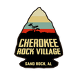 Cherokee Rock Village logo: arrowhead shape with layered mountain scene and text.