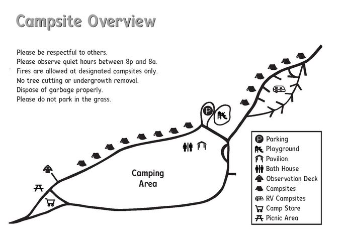 Campsite overview map with legend showing campground features like picnic area, playground, and restrooms.
