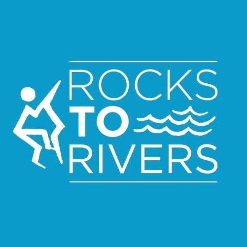 White figure climbing next to “Rocks to Rivers” logo in white text on blue background.