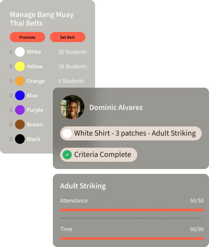 UI for managing Thai belts. Includes a list of belts, a student profile, and progress bars.