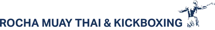 Rocha Muay Thai & Kickboxing logo. A figure is performing a kick, with text in blue.