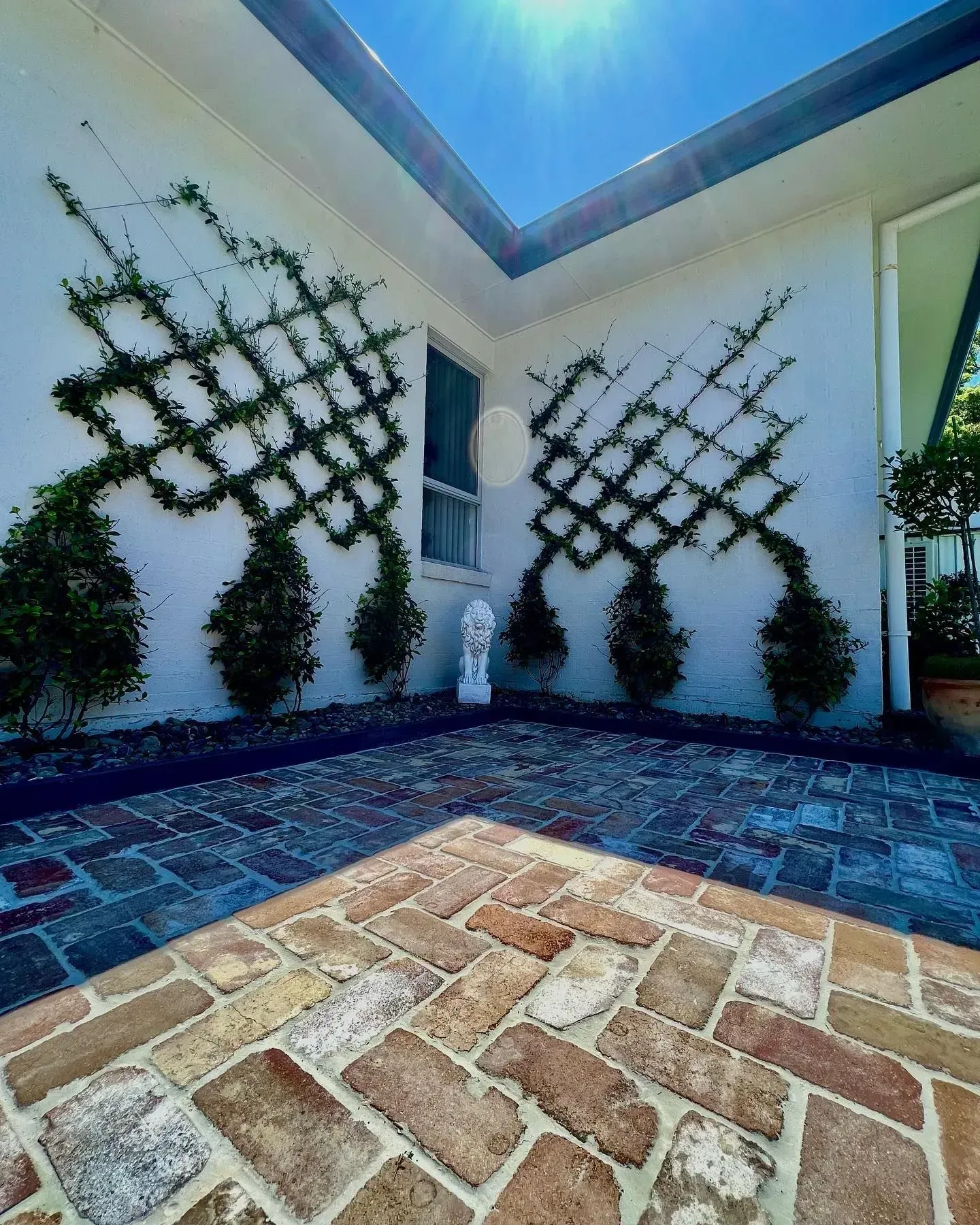 A Corner Courtyard with A Red Brick Patio  — Creative Landscapes Coffs Harbour in Korora, NSW