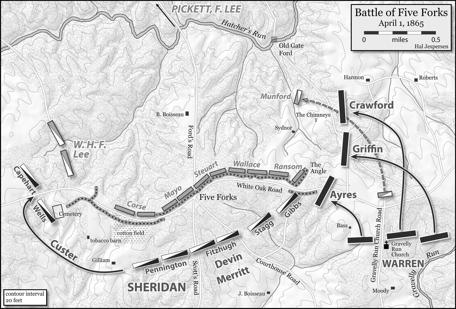 Battle of Five Forks Civil War Map by Hel Jesperswen from High-Bounty Men in the Army of the Potomac.
