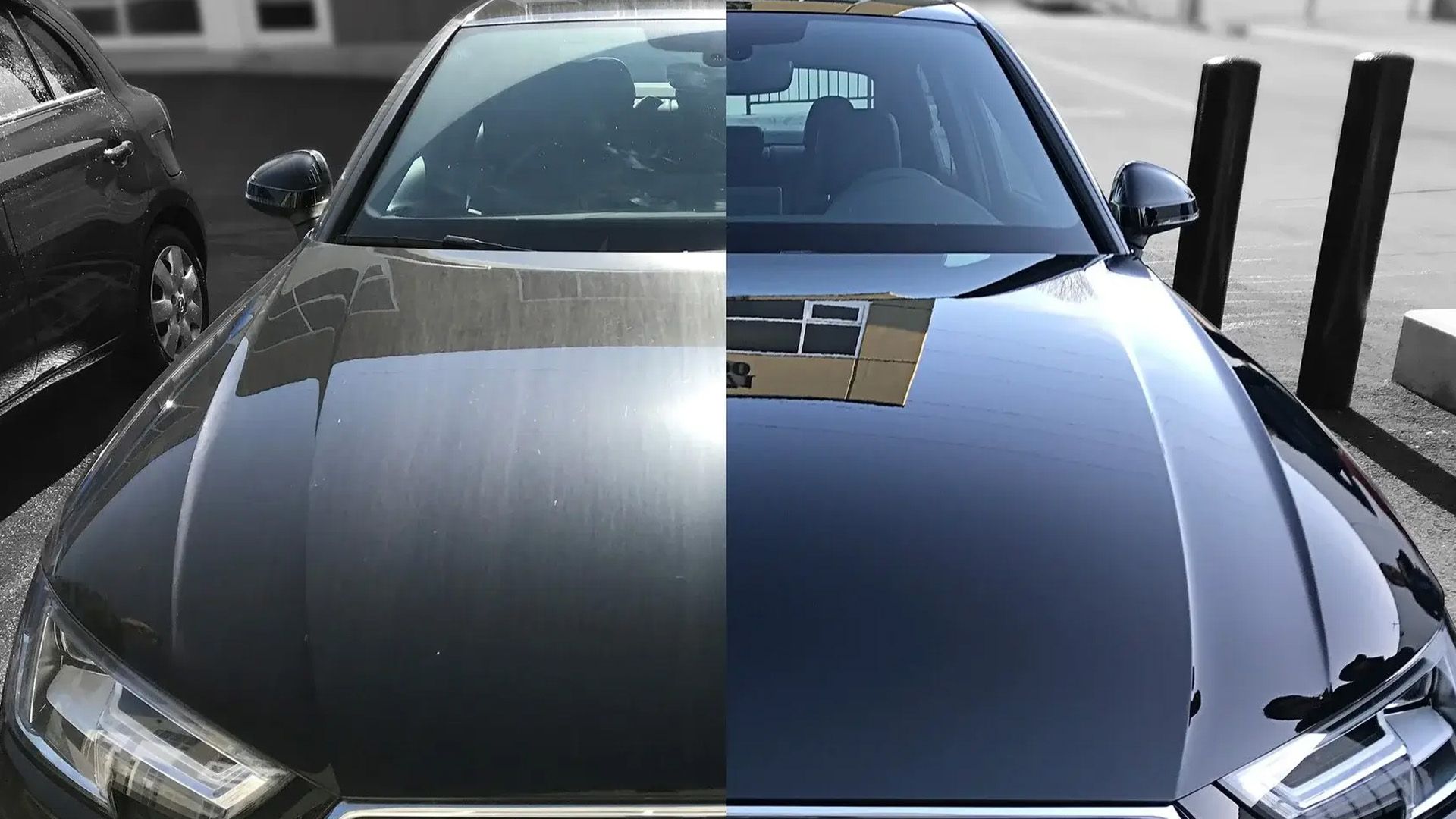 A black car is shown before and after being cleaned.