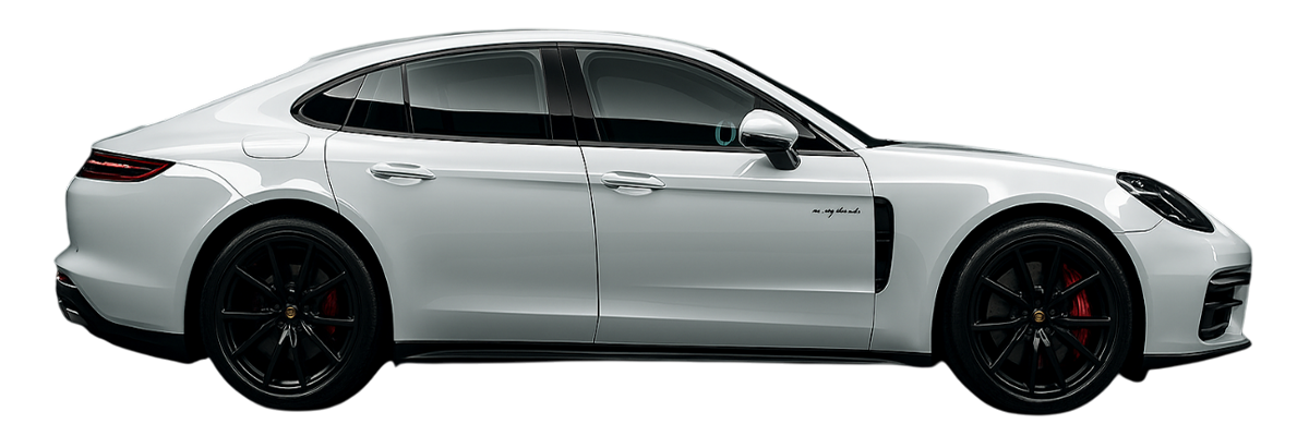 Silver sports sedan in side view with black wheels on a white background