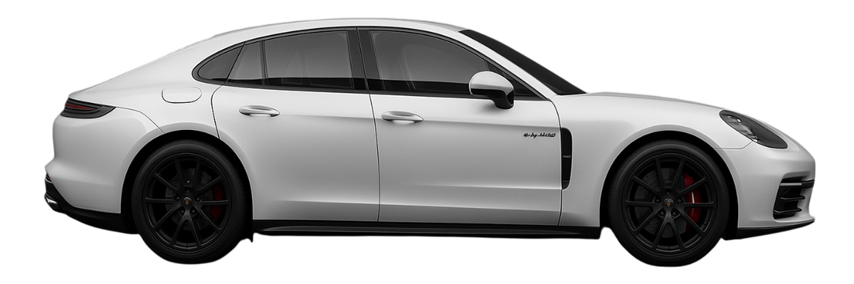 White sports sedan in side view with black wheels on a white background