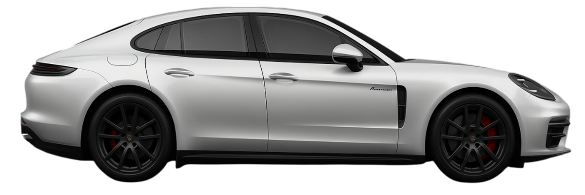 Silver Tesla Model S sedan with black wheels, side view on a white background