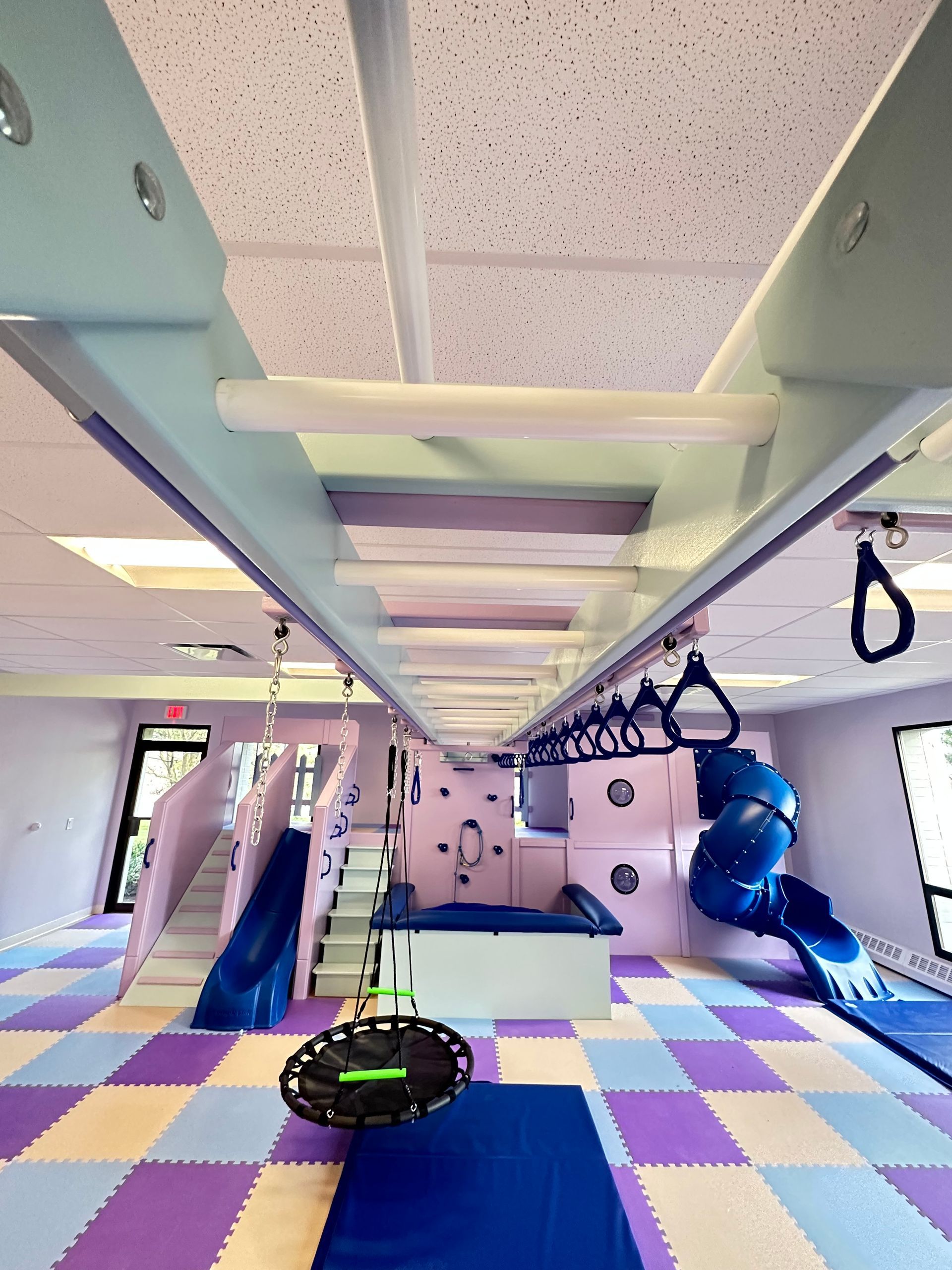 Commercial sensory gym ceiling-mounted monkey bars and overhead movement equipment for therapy activities