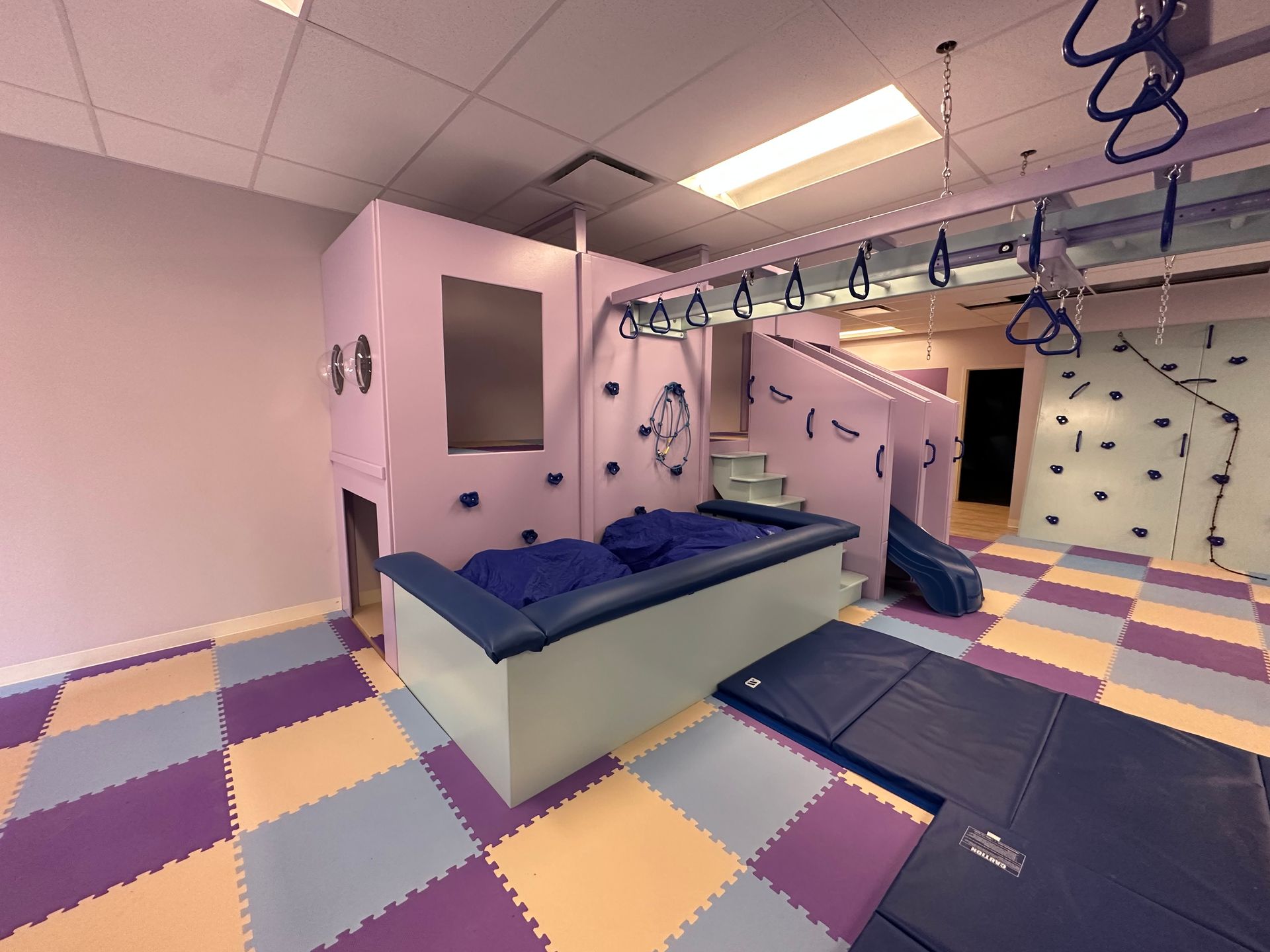 Commercial sensory gym with climbing wall, platform swing, padded mats, and overhead movement equipment