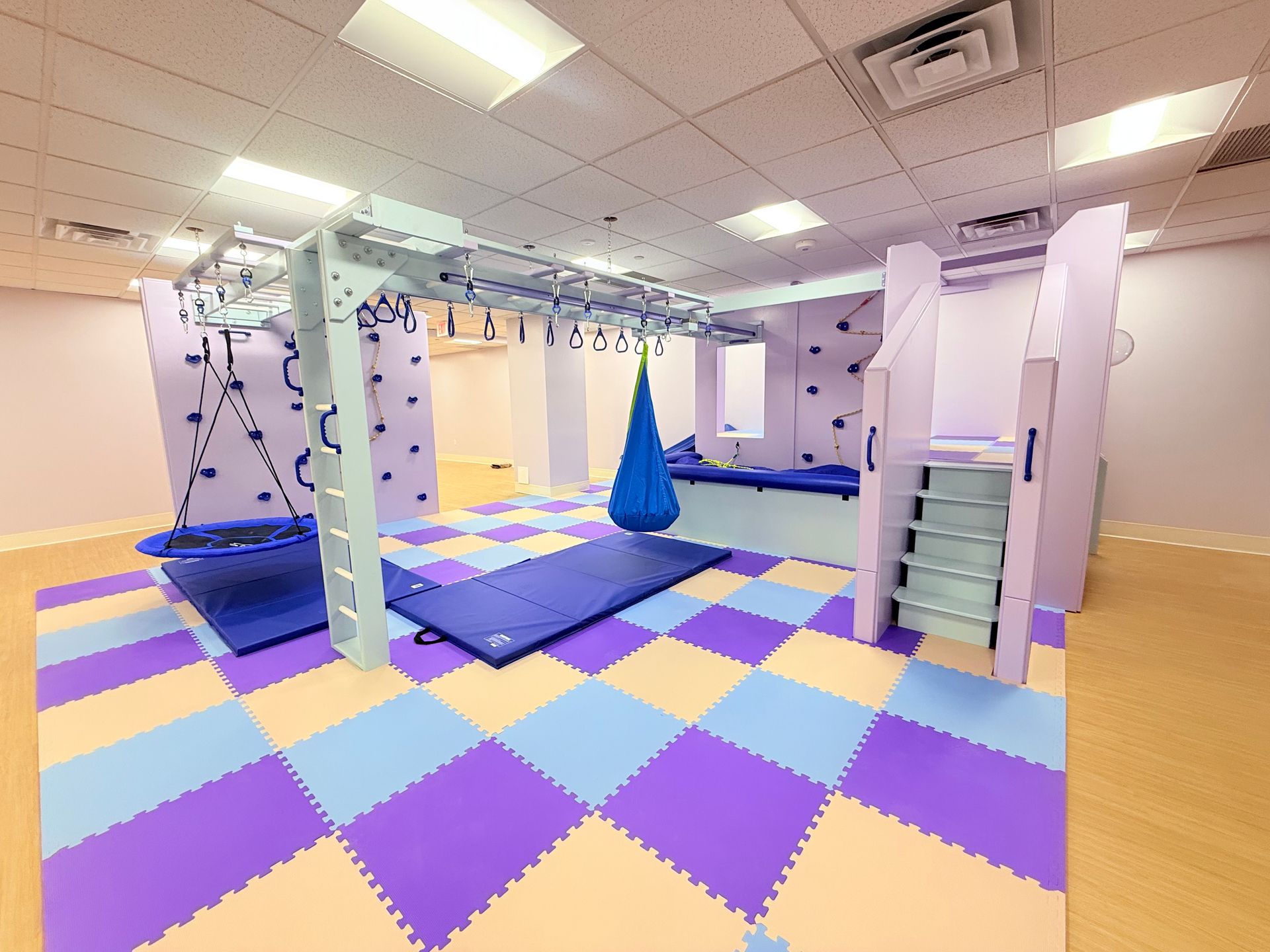 Commercial sensory gym with swings, padded flooring, climbing wall, and movement-based therapy equipment