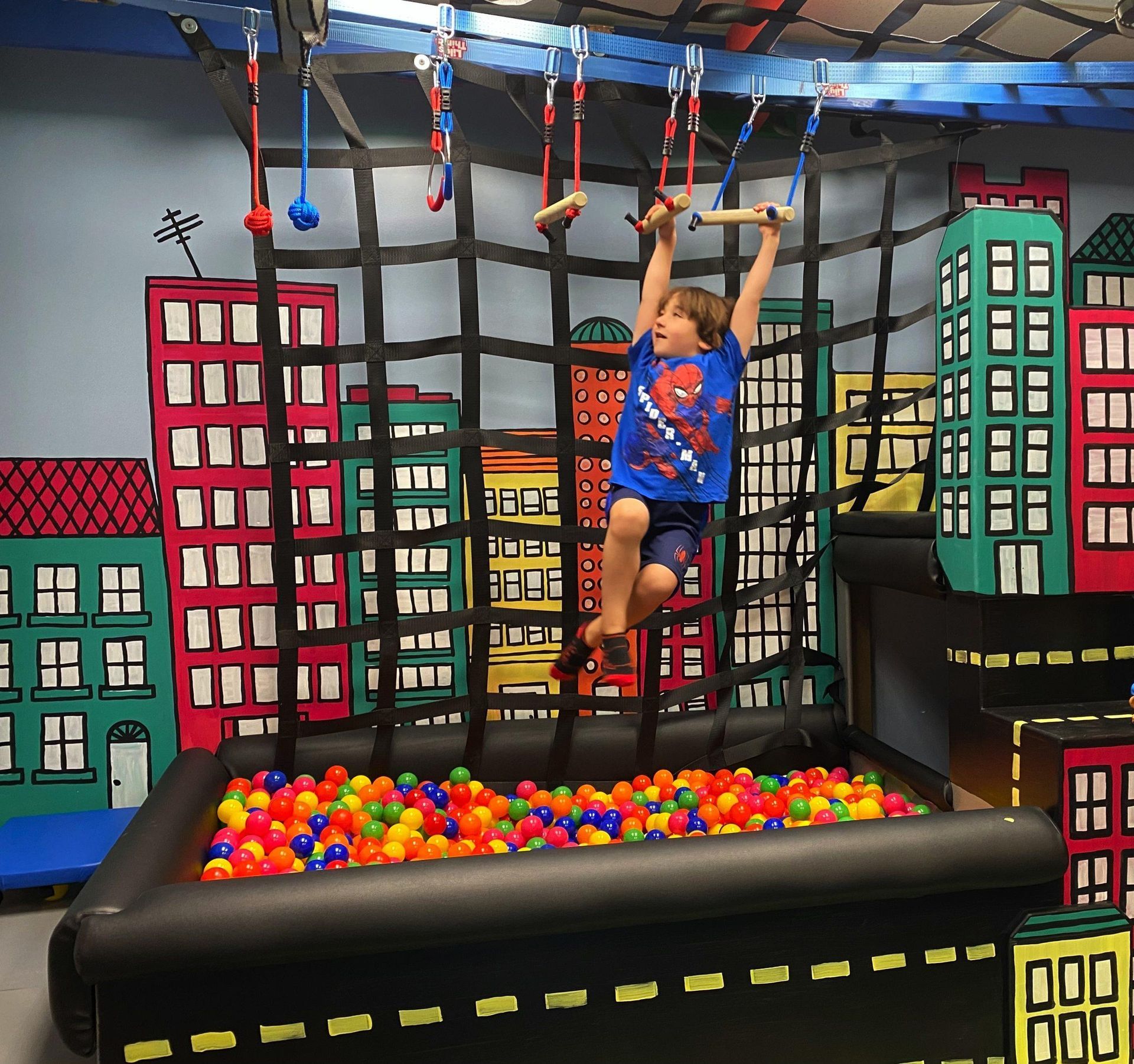 Custom commercial sensory gym with climbing and suspended sensory equipment