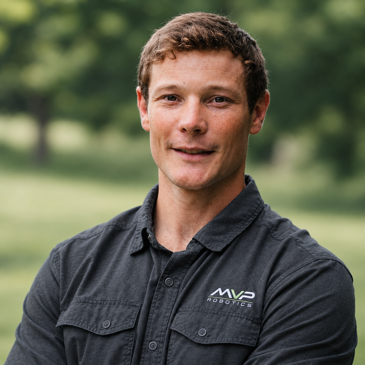 Man in a dark gray polo shirt standing outdoors with a blurred green background