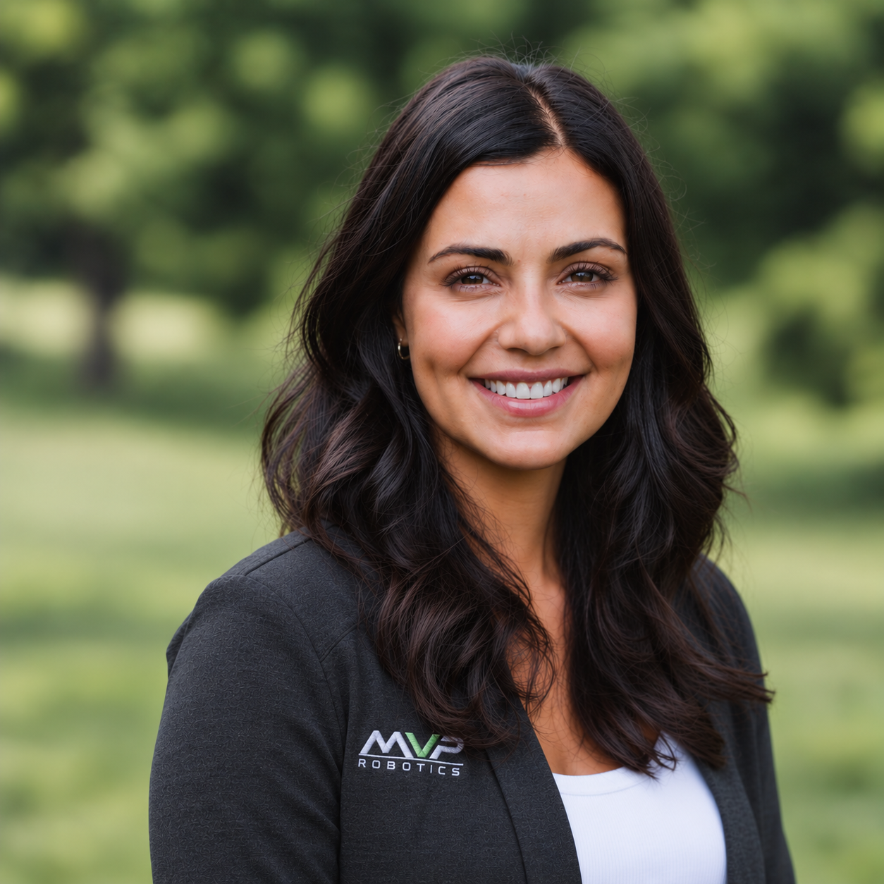 Smiling woman in a black blazer standing outdoors with a blurred green background