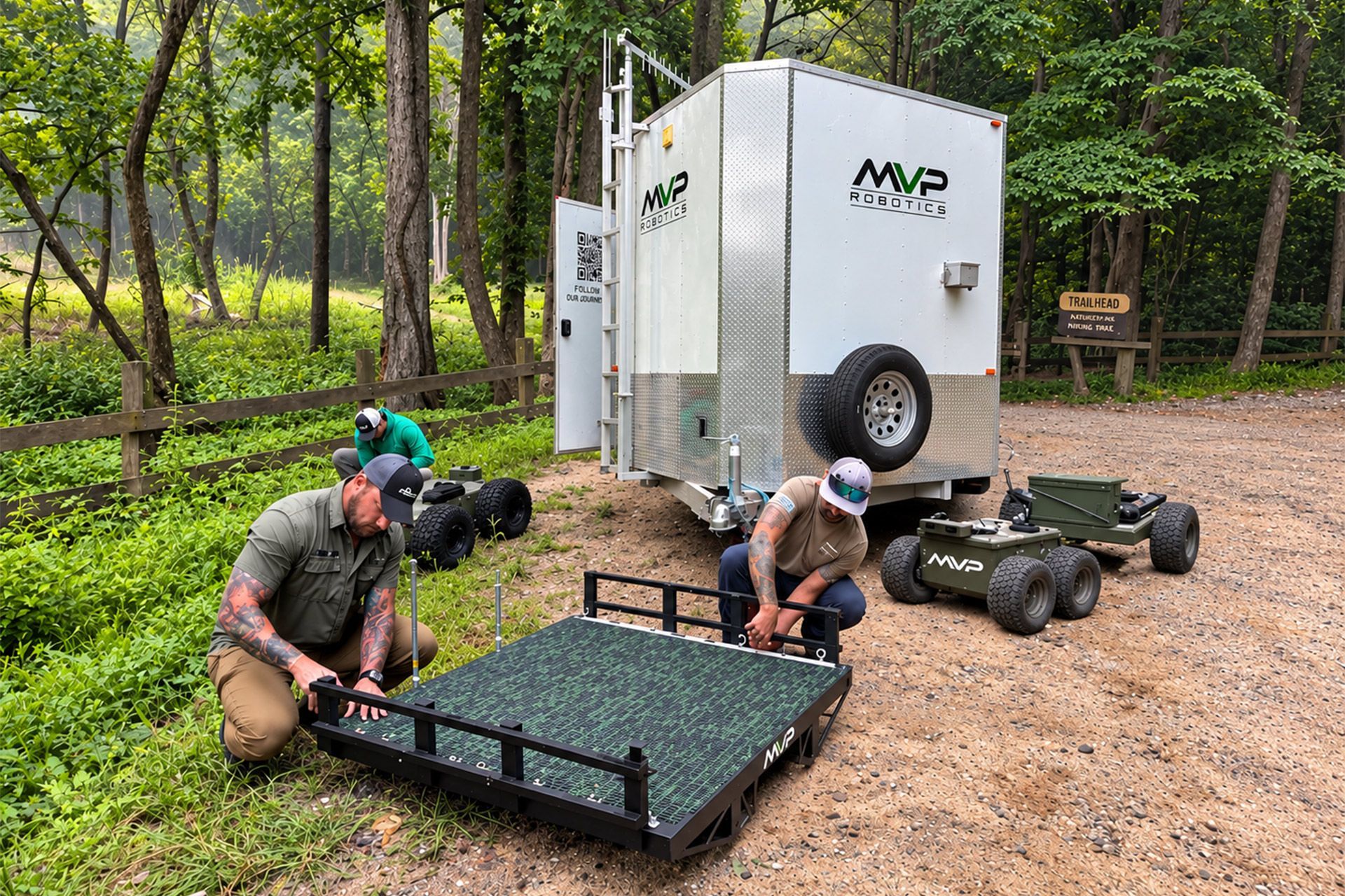 Workers assembling a white mobile trailer in a wooded outdoor campsite area
