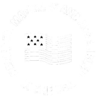 Black-and-white stylized American flag with stars and waving stripes