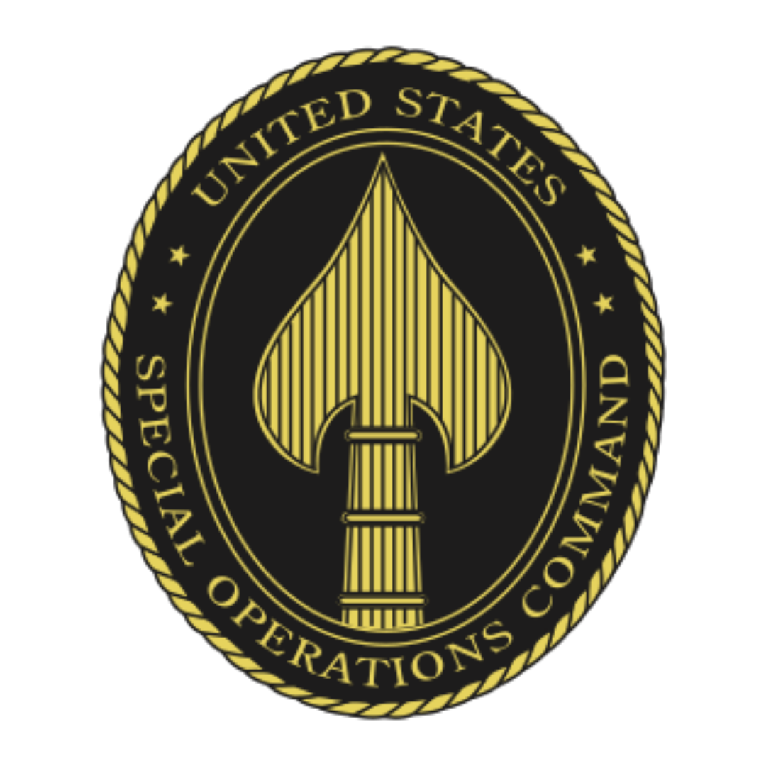 U.S. Special Operations Command emblem with gold and black teardrop-shaped spearhead insignia and circular text