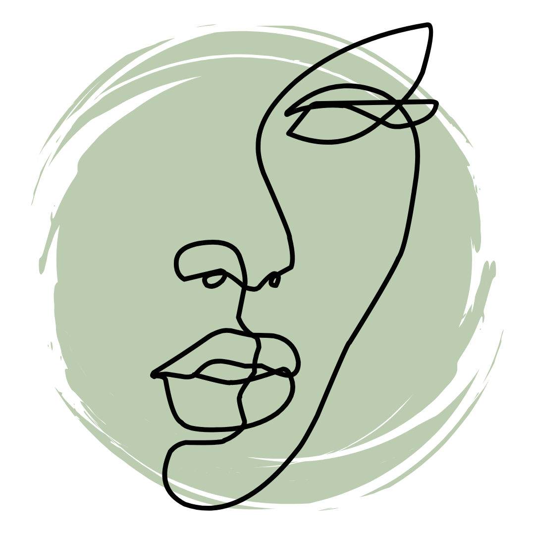 Un disegno a tratteggio del volto di una donna su sfondo verde.