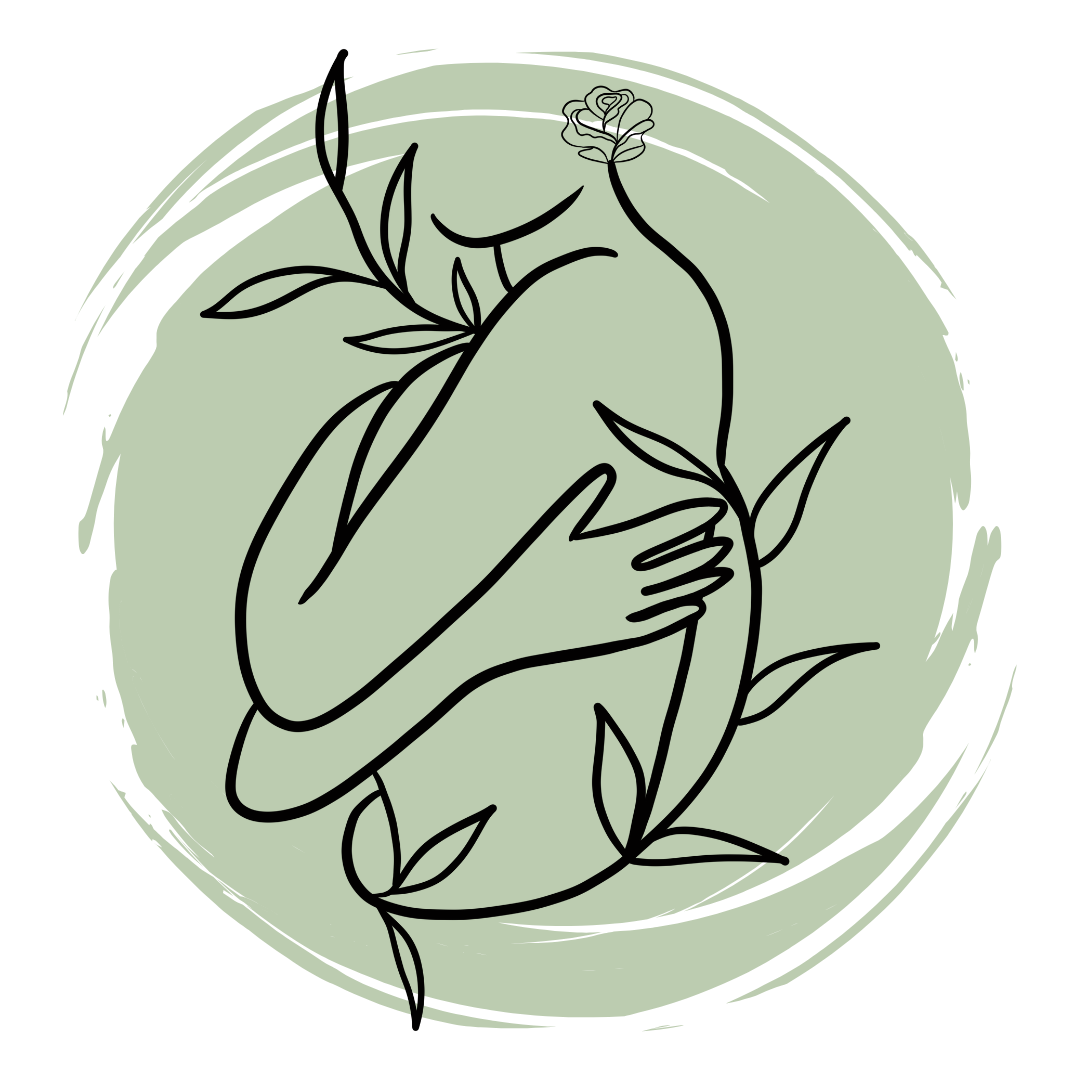 Un disegno lineare di una donna che si abbraccia con foglie e un fiore.