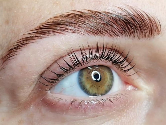 Un primo piano dell'occhio di una donna con lunghe ciglia.