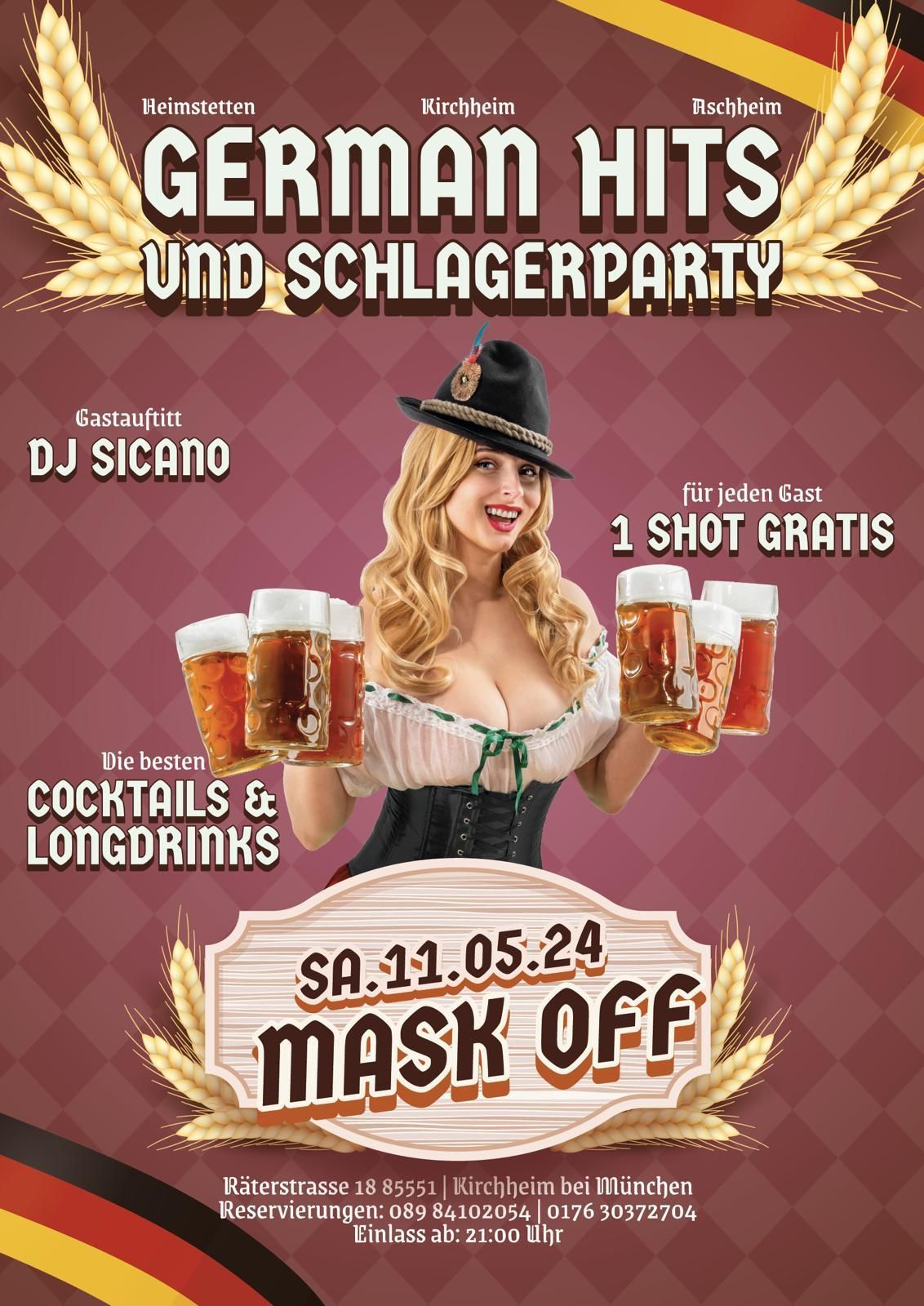 Ein Plakat für eine deutsche Schlagerparty mit einer Frau, die Bierkrüge hält.
