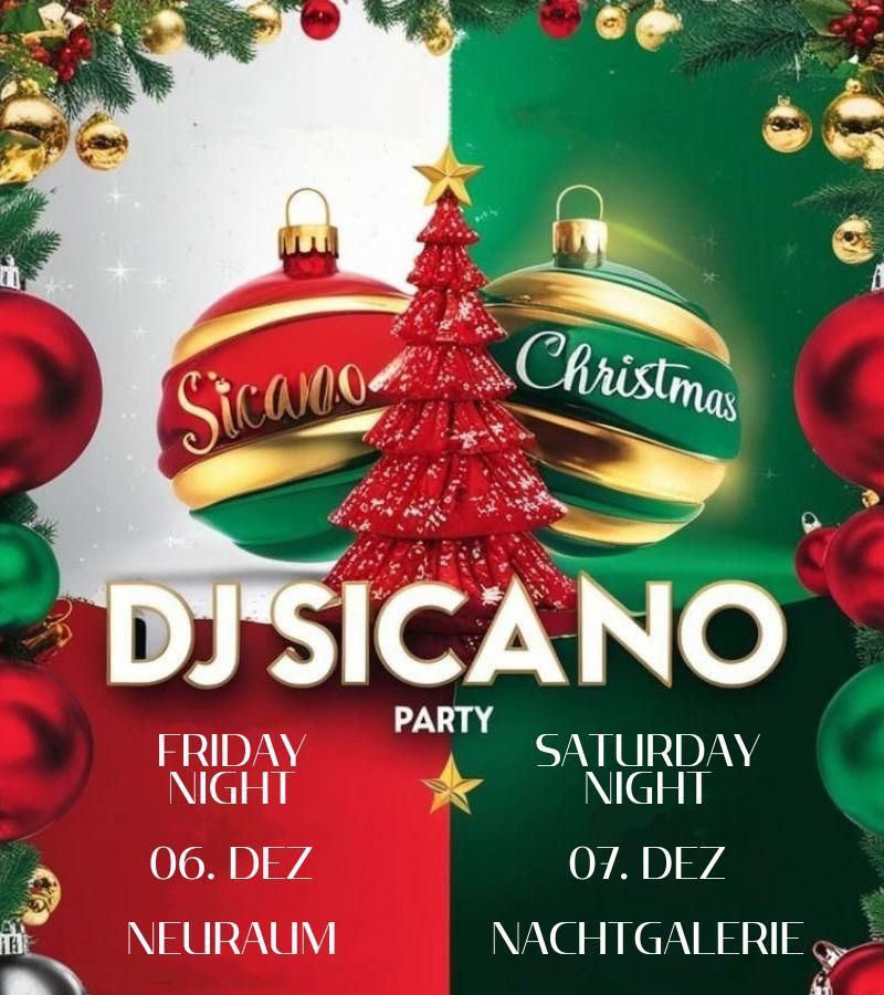Flyer für die Weihnachtsfeier von DJ Sicano. Rote und grüne Ornamente, ein Weihnachtsbaum sowie Datum und Ort.