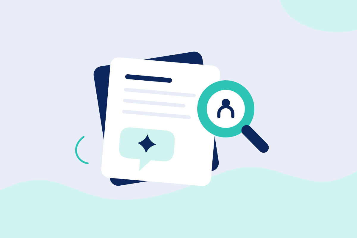 Stylized document with a magnifying glass over a profile icon on a pastel background