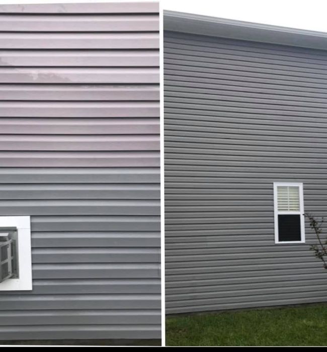 Side-by-side view of a gray house exterior siding with two small windows and a grass strip below.