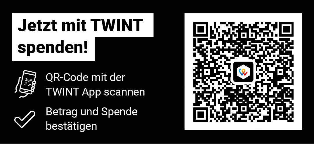 Schwarzer Hintergrund mit weißer Schrift und einem QR-Code, der zu Spenden über TWINT aufruft.