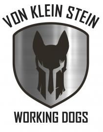 Von Klein Stein Working Dogs logo with a black dog silhouette on a silver shield
