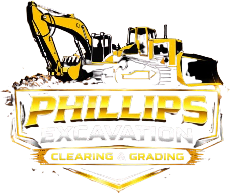 Phillips Excavation logo with yellow bulldozer and excavator, “Clearing & Grading” text