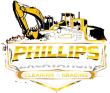 Phillips Excavation logo with yellow bulldozer and excavator, “Clearing & Grading” text
