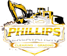 Phillips Excavation logo with yellow bulldozer and excavator, &ldquo;Clearing & Grading&rdquo; text