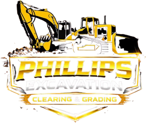 Phillips Excavation logo with yellow bulldozer and excavator, &ldquo;Clearing & Grading&rdquo; text