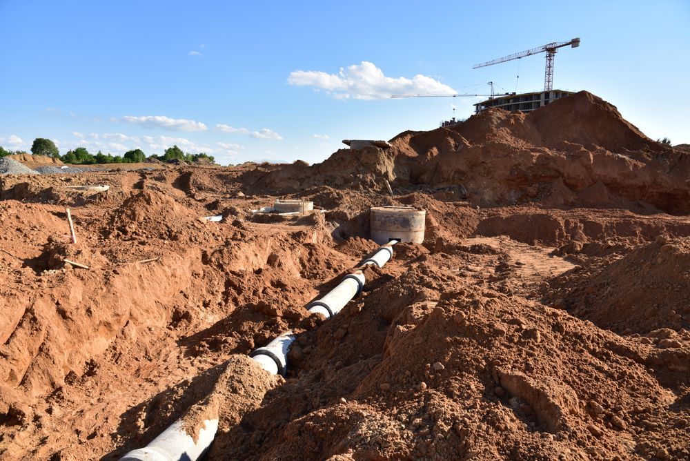 Trench with a white pipeline under construction on a dirt site, with excavator piles and a crane in the background