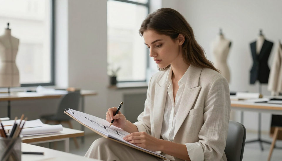 Studentessa al lavoro su uno sketch di moda in uno studio MADI