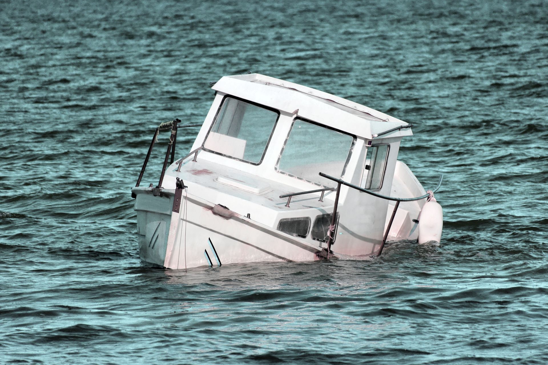 Partially submerged white boat in choppy, teal water.