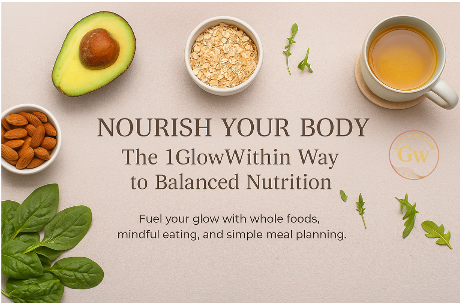 Nutrition-themed banner with avocado, oats, almonds, tea, herbs, and text “Nourish Your Body” on beige background