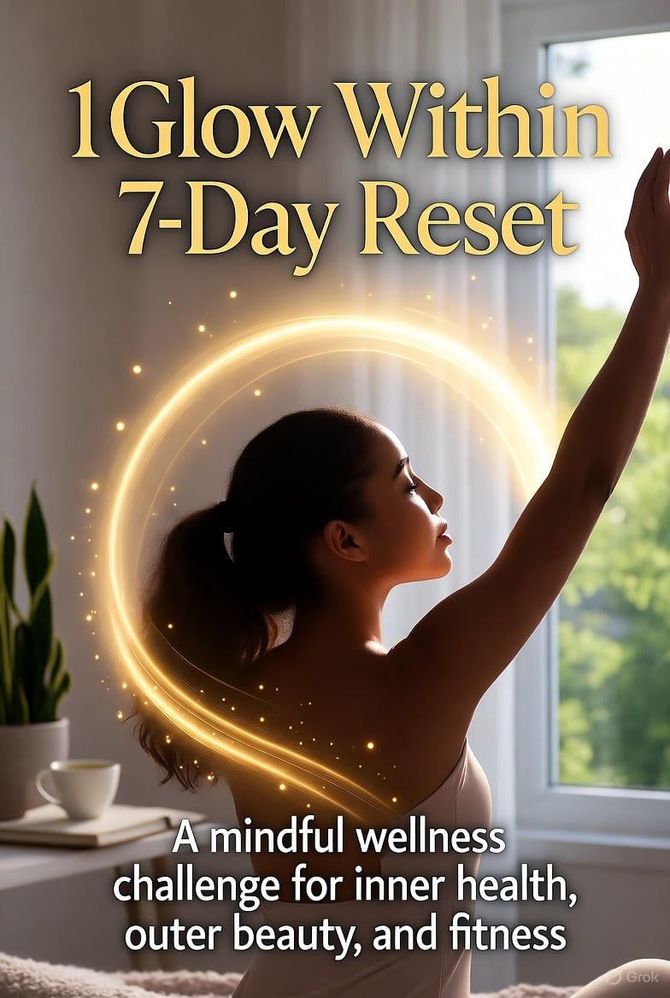 Woman in profile with glowing ring, titled “Glow Within 7-Day Reset,” wellness challenge poster