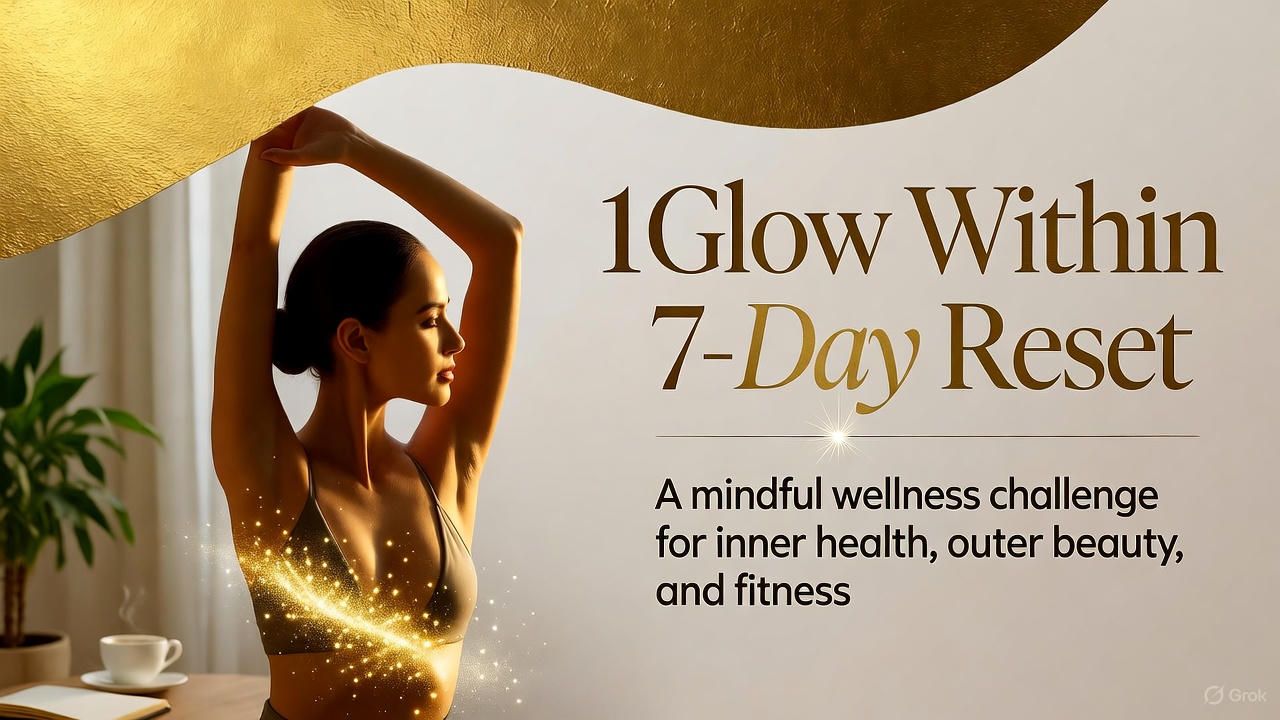 Woman silhouette in warm gold tones with text: “1 Glow Within 7-Day Reset” and “A mindful wellness challenge.”