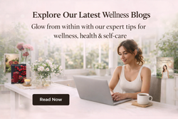 Wellness blog banner with woman using a laptop at a bright desk and a “Read Now” button