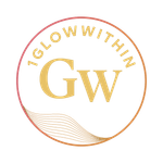 Gold and coral circular logo reading “TGLOWWITHIN” with “GW” in the center and wavy lines below
