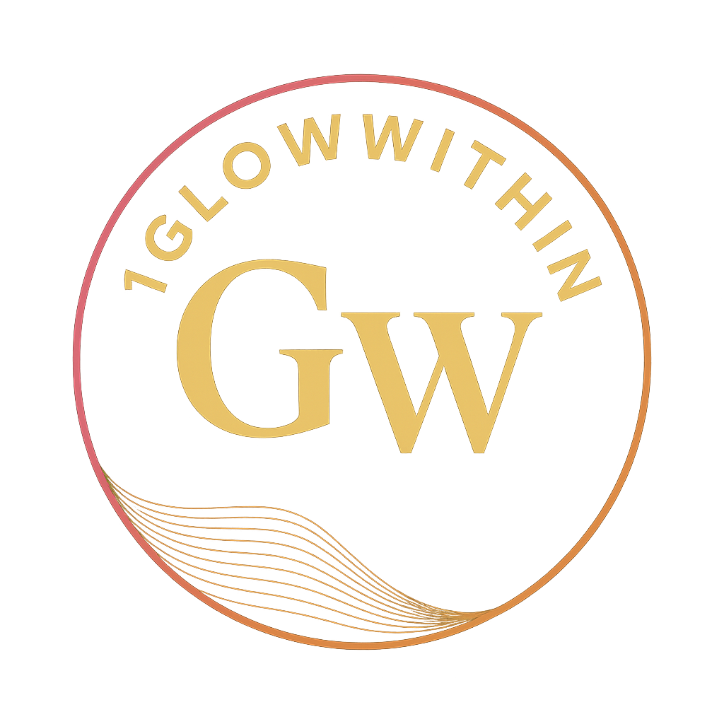 Gold and coral circular logo reading “TGLOWWITHIN” with “GW” in the center and wavy lines below