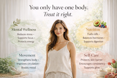 Woman in white tank top with wellness tips on mental health, movement, nutrition, and self-care.