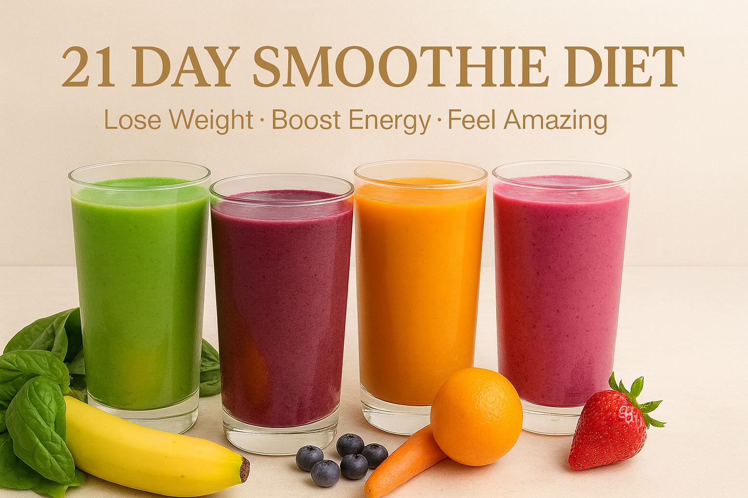 21 Day Smoothie Diet promo with four colorful smoothies and fruit on a light background